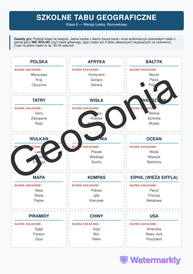 Gra gograficzna Tabu klasa 8 koniec roku, luźne lekcje