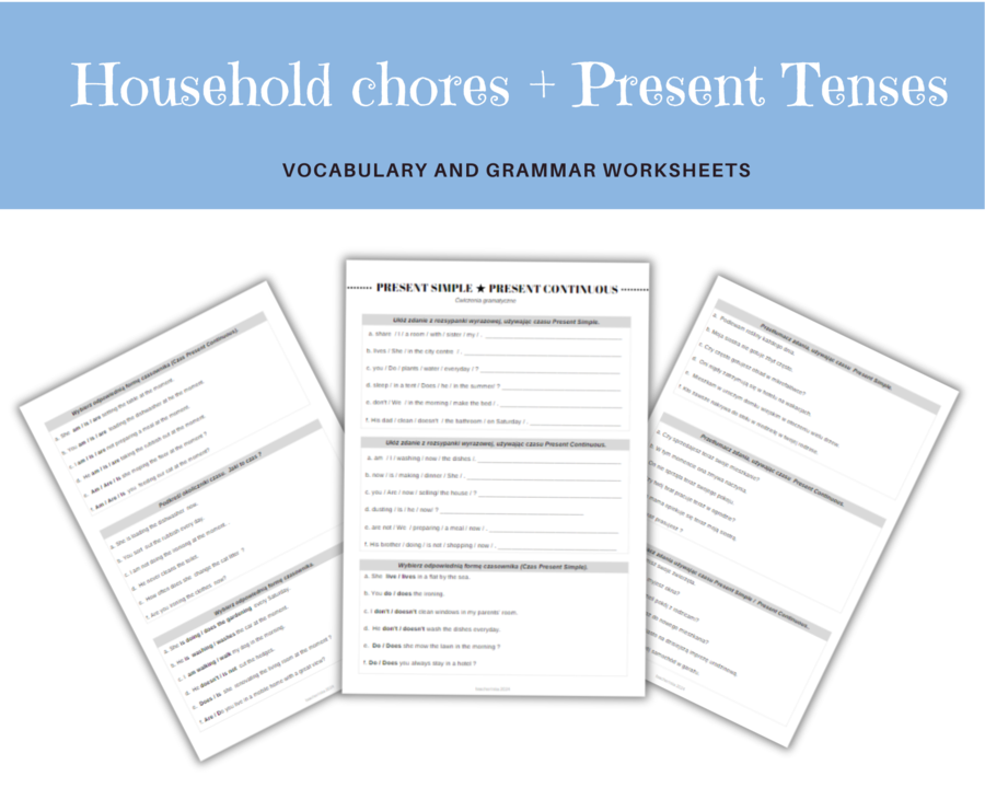Karty pracy leksykalno-gramatyczne do rozróżniania czasów Present Simple i Continuous