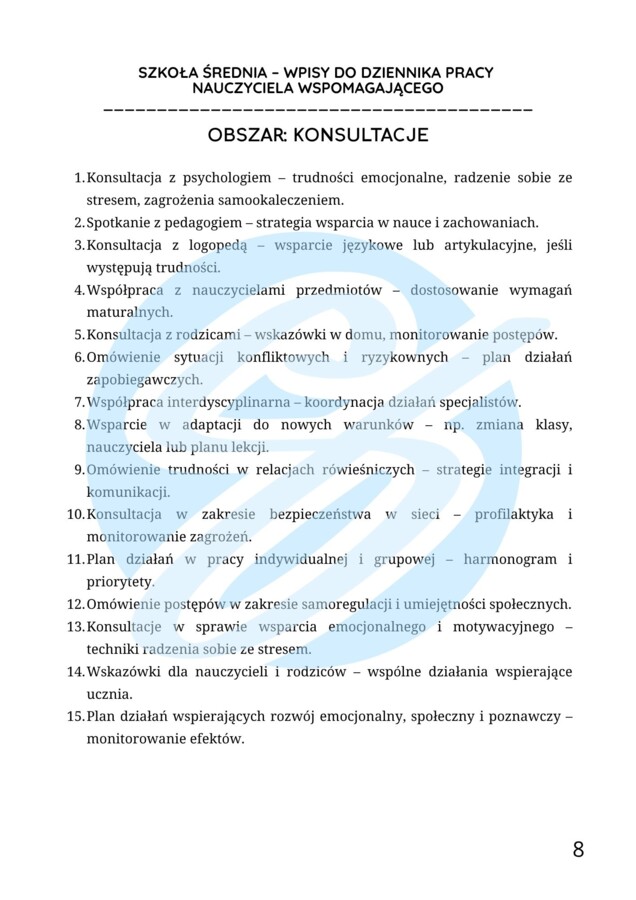 Nauczyciel wspomagający w szkole średniej – przykładowe wpisy do dziennika