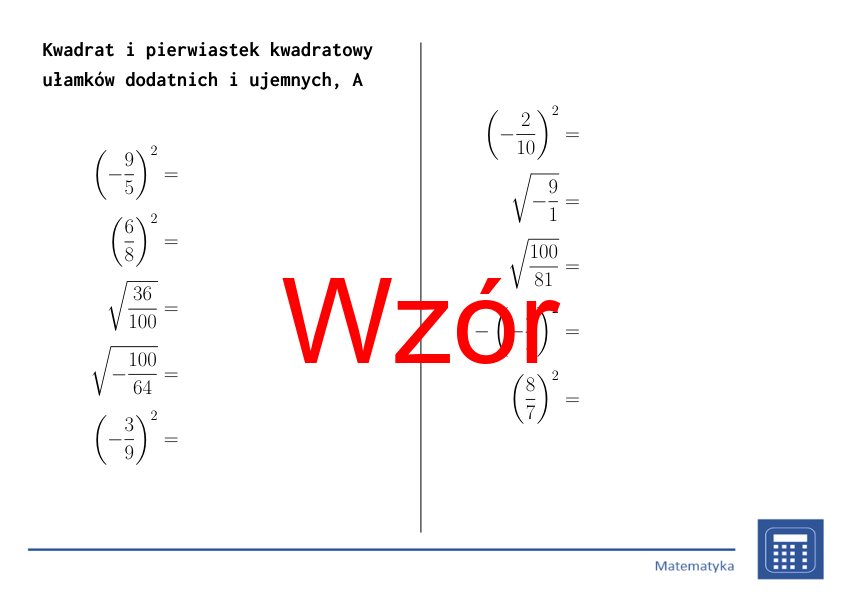 Kwadrat i pierwiastek kwadratowy ułamków dodatnich i ujemnych | matematyka | 26 kolumn