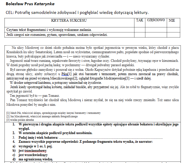 Katarynka - praca z tekstem noweli