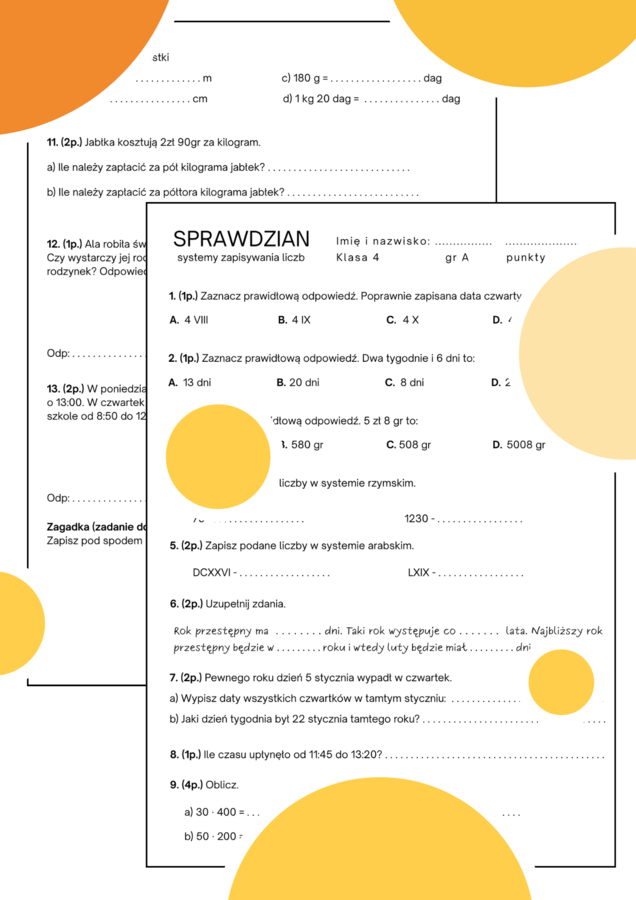 Sprawdzian - systemy zapisywania liczb. Klasa 4. GWO