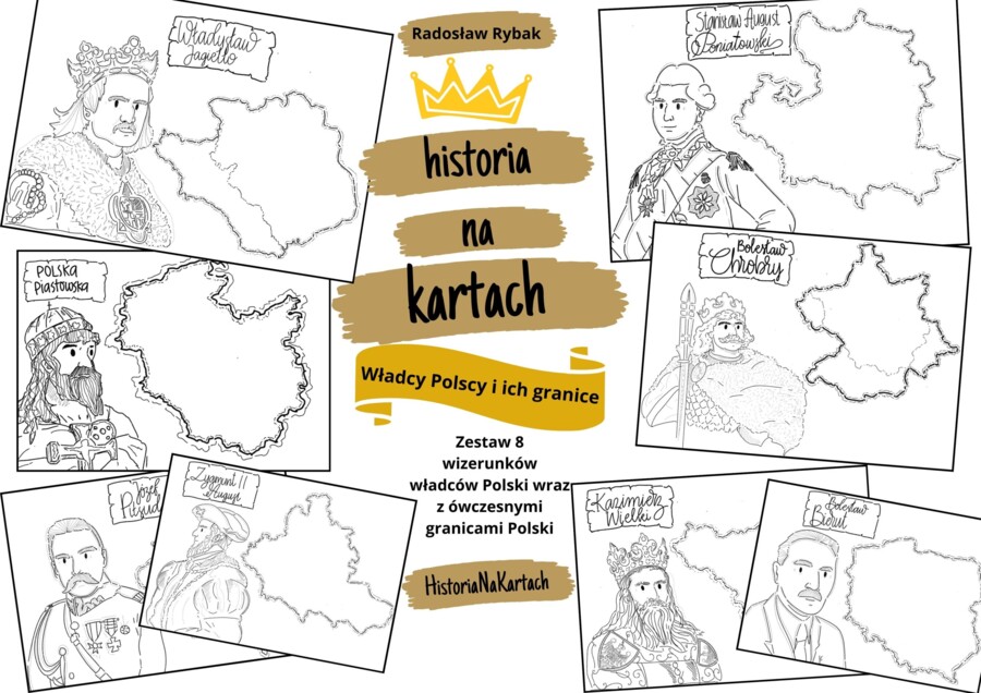 Władcy Polski i ich granice - zestaw 8 arkuszy z wizerunkami władców Polski wraz z ówczesnymi granicami