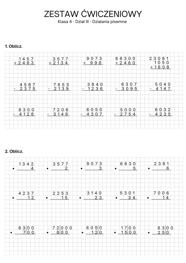 Zestaw powtórzeniowy - dział III działania pisemne. Klasa 4. GWO