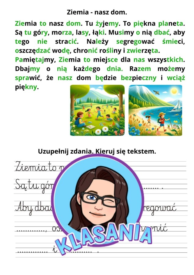 Karta uzupełniająca- wyrównawcza klasa 1 - czytanie, pisanie
