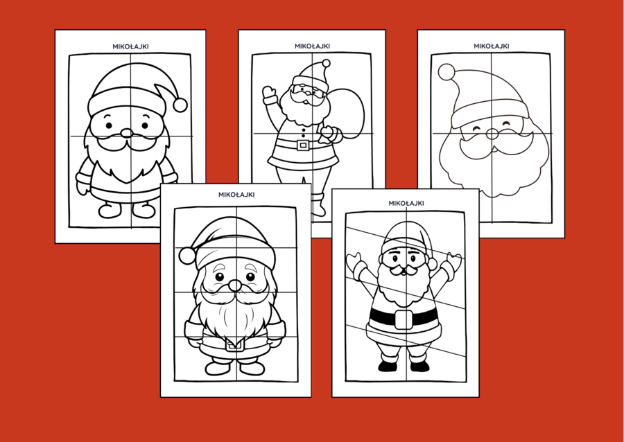 MIKOŁAJKI – Mikołaj – Boże Narodzenie – UKŁADANKA – układanki – puzzle – kolorowanka – 10 szt. biblioteka – świetlica – przedszkole