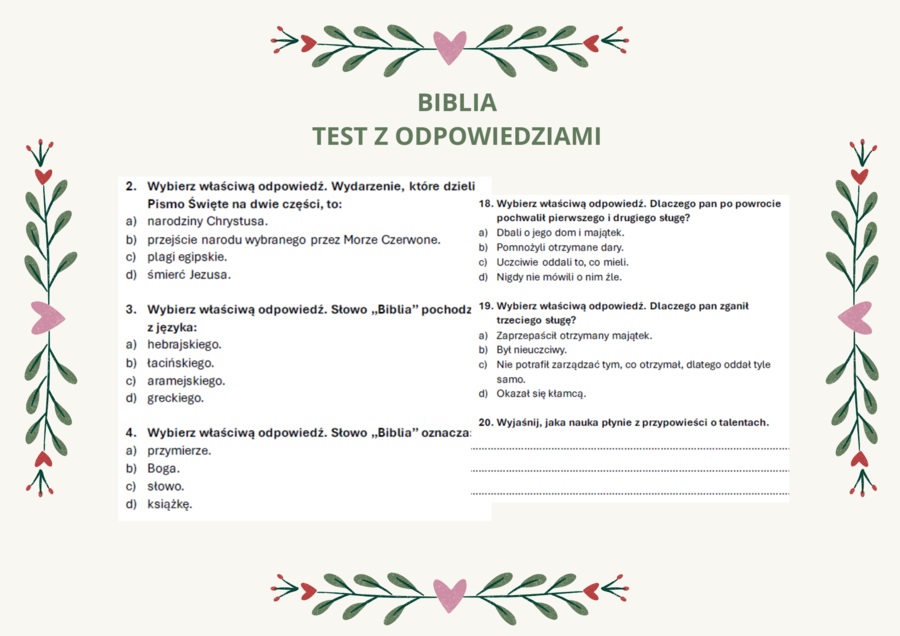 BIBLIA - test z odpowiedziami (szkoła podstawowa)