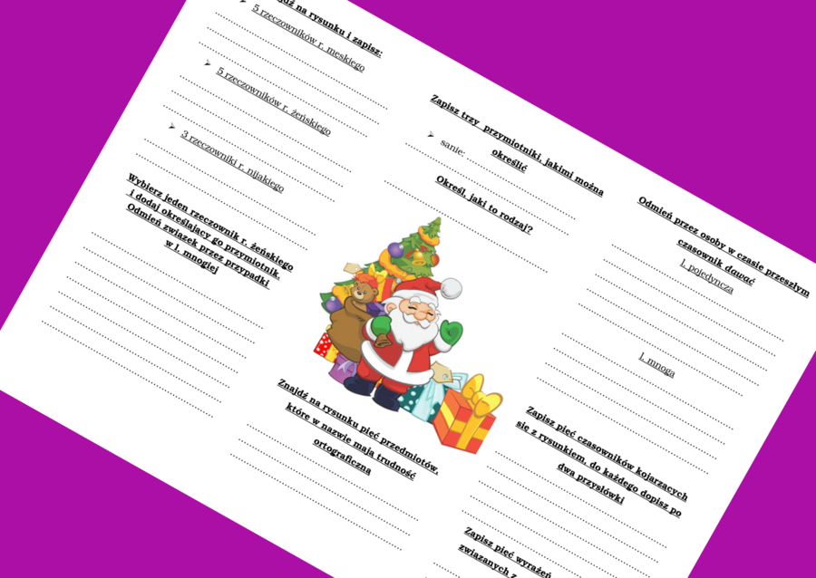 Św. Mikołaj i prezenty - Boże Narodzenie - ćwiczenia - gramatyka- ortografia , kl.4 - 5