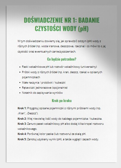 Zielone laboratorium. Doświadczenia związane z przyrodą. Badanie czystości wody. Hodowla roślin