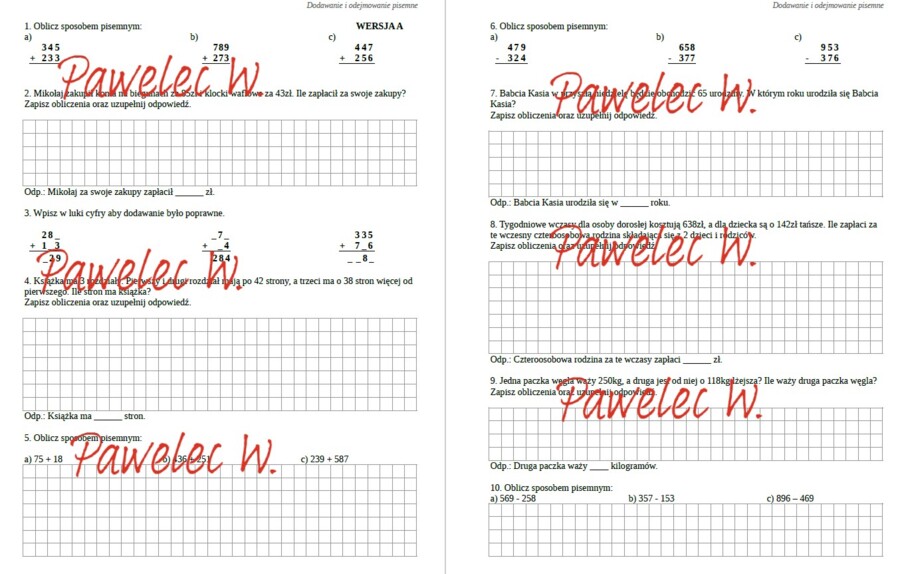 DODAWANIE I ODEJMOWANIE PISEMNE - sprawdzian, karta pracy, kl. 4 /2 grupy/ działania i zadania tekstowe