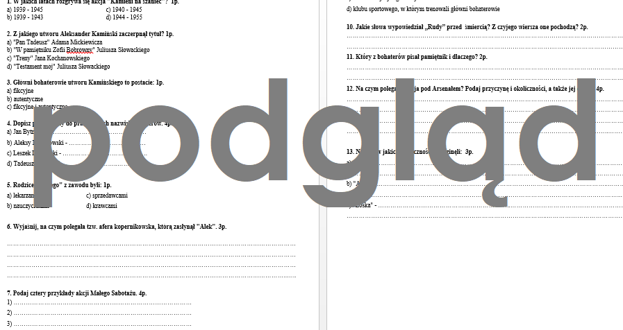 "Kamienie na szaniec" - kartkówka, test ze znajomości lektury