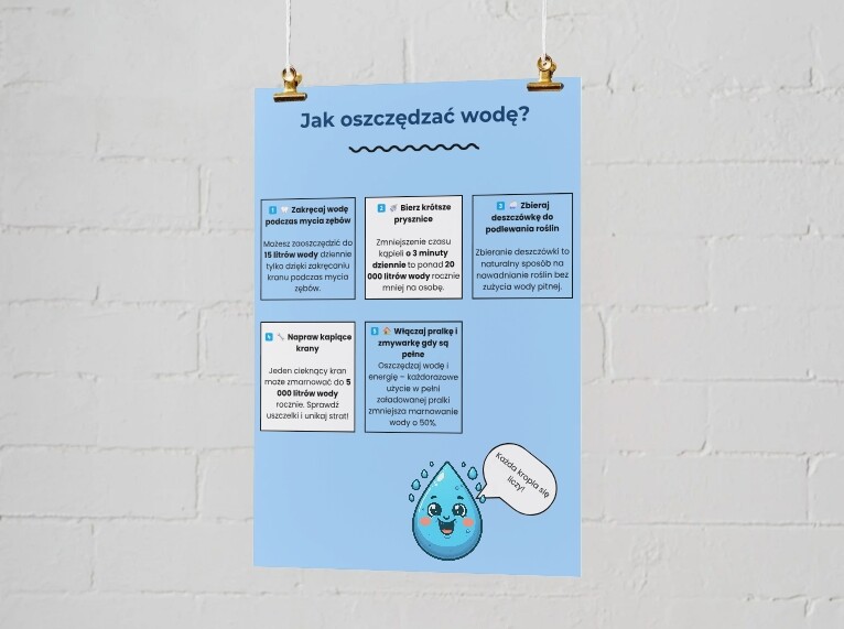 Plakaty z ekologicznymi wskazówkami. Jak oszczędzać wodę? Co to jest recykling? Dlaczego warto sadzić drzewa?