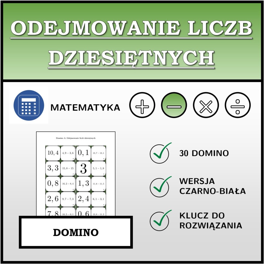 Domino - Odejmowanie liczb dziesiętnych | matematyka