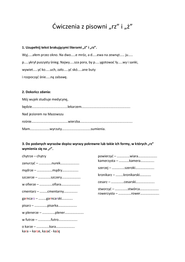 Ćwiczenia z pisowni rz i ż