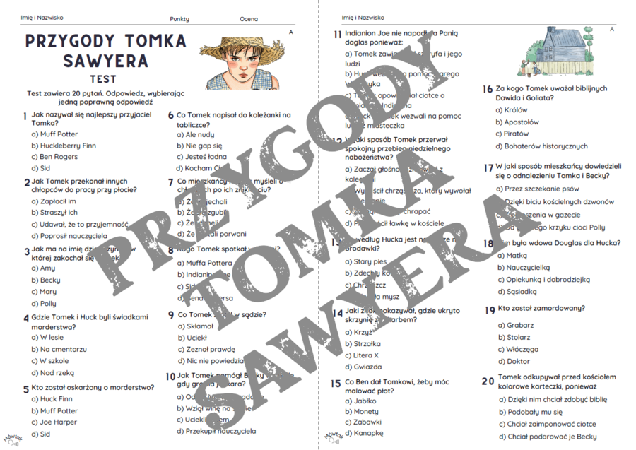 Przygody Tomka Sawyera -  - test znajomości lektury