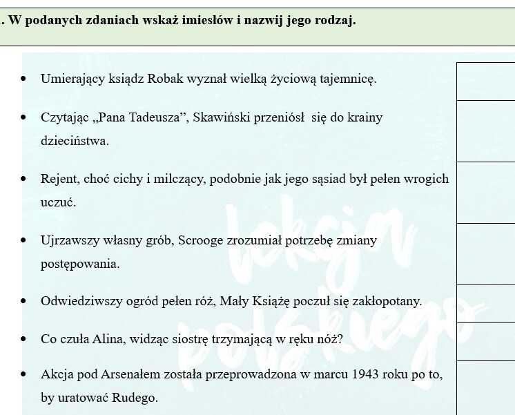 IMIESŁOWY I LEKTURY - WIEDZA O JEZYKU I BOHATERACH. ĆWICZENIE PRZED EGZAMINEM.
