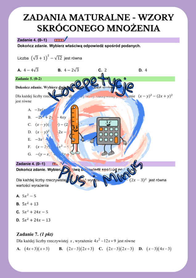 Zadania maturalne z odpowiedziami wzory skróconego mnożenia