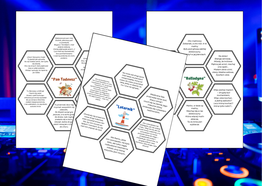 Cytaty – LEKTURY OBOWIĄZKOWE – egzamin – kl.7-8 – 64 fiszki – powtórka - HEKSY - układanka - 14 stron