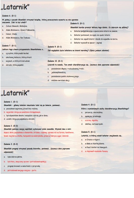 Test wprowadzający/powtórzeniowy do lektury "Latarnik"