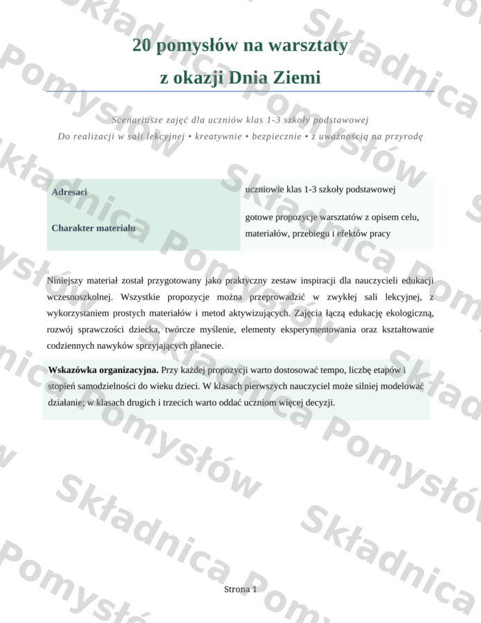 DZIEŃ ZIEMI - 20 pomysłów na warsztaty dla klas 1-3; scenariusz, konspekt, doświadczenia, przyroda, ekologia