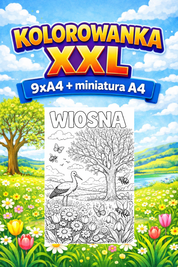 WIOSNA - kolorowanka XXL do druku | plakat 9 stron A4 + miniatura A4; świetlica; dekoracja; gazetka; plastyka; karta pracy