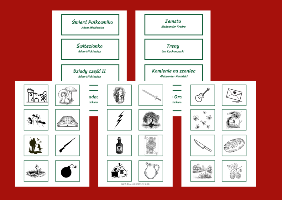 LEKTUROWE IKONKI - lektury z kl.7-8 - IKONKI - fiszki - 112 szt.- grafika - symbole - powtórka - egzamin