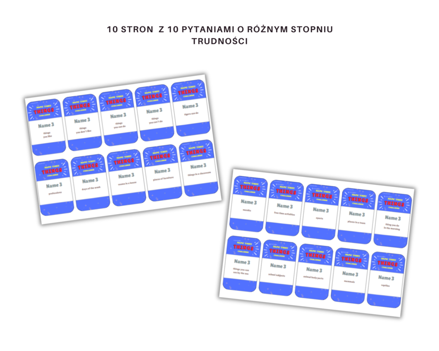 Name three - wymień trzy, gra powtórzeniowa dla klas 1-3 szkoły podstawowej w stylu 5 sekund, język angielski, 100 pytań, słownictwo, dodatkowo pusty szablon
