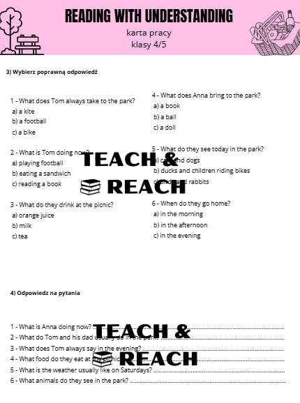 Reading with understanding czytanie ze zrozumieniem karta pracy 4/5 klasa present simple continous