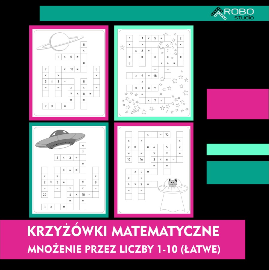 Krzyżówki matematyczne, mnożenie przez liczby jednocyfrowe, 1-100, łatwe. Tabliczka mnożenia.