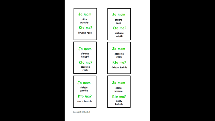 Zestaw kart typu kto ma, ja mam - gra ortograficzna