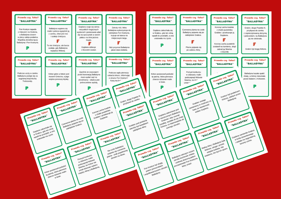 "BALLADYNA" – 48 fiszek – fiszki – PRAWDA – FAŁSZ – lektury obowiązkowe + ODPOWIEDZI