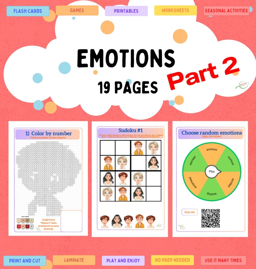 Emotions/ Emocje Część 2. Karty obrazkowe oraz karty pracy, łamigłówki. 19 STRON