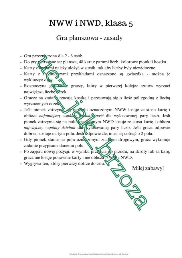 NWW i NWD, gra planszowa, wielokrotności i dzielniki, klasa 5