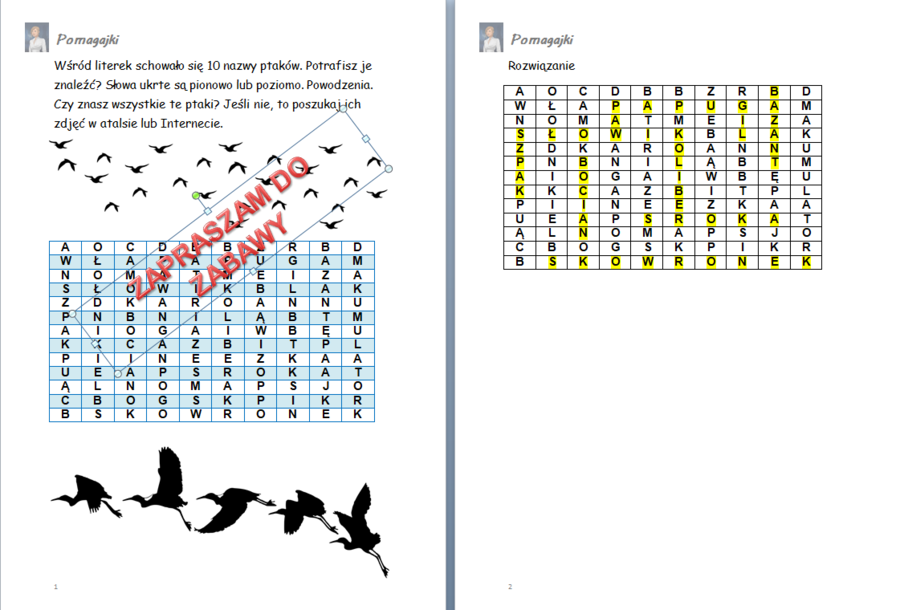 Światowy Dzień Ptaków Wędrownych 13.05 wykreślanki - ptaki - trening słownicta