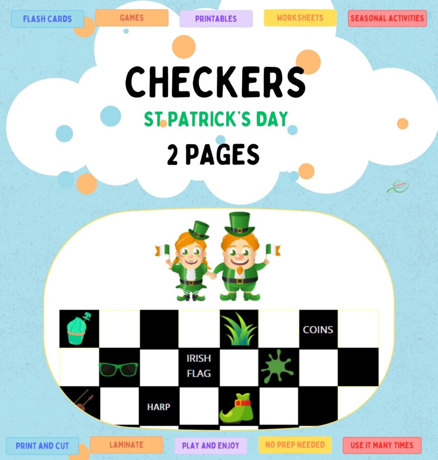 Checkers warcaby szachy gra planszowa Dzień Świętego Patryka St Patrick's Day. Dobra rozgrzewka językowa