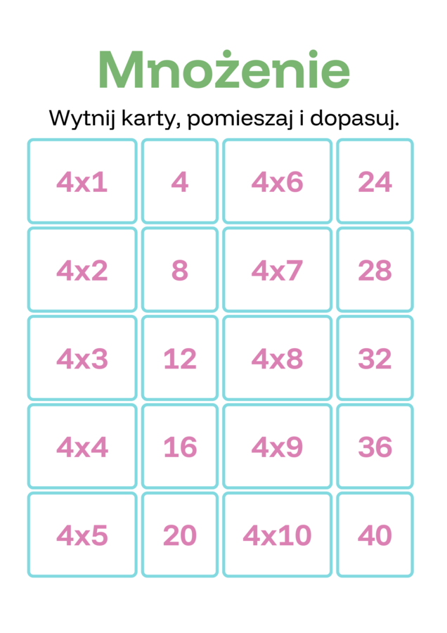 Mnożenie- dopasowanie. Działania do 100.