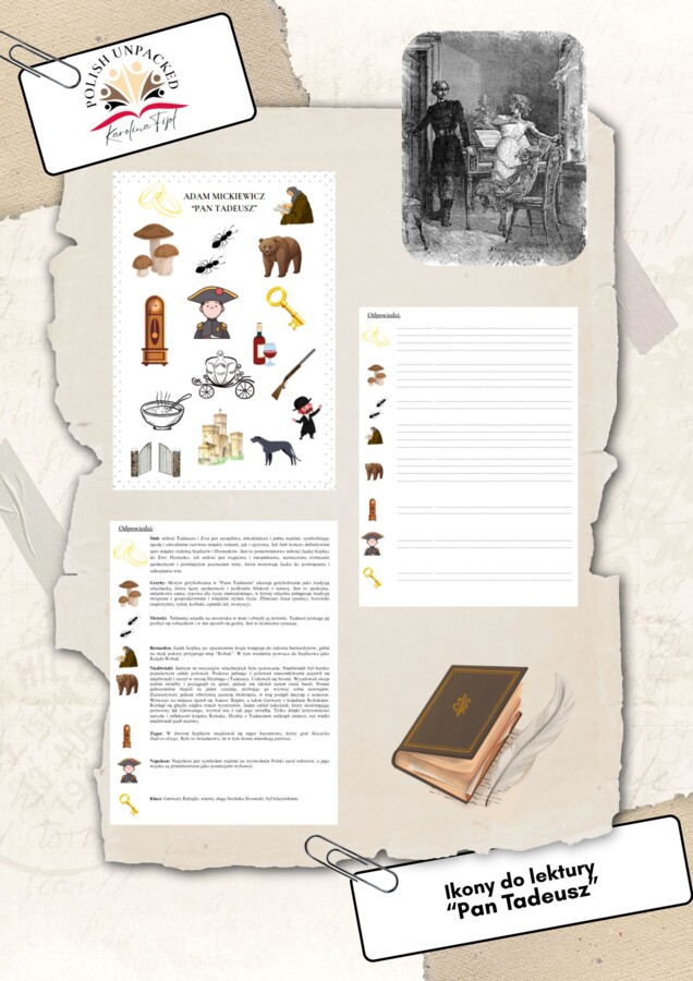 Ikony (obrazki, symbole) + odpowiedzi "Pan Tadeusz" Adam Mickiewicz, język polski, egzamin ósmoklasisty, lektura obowiązkowa klasa 7-8