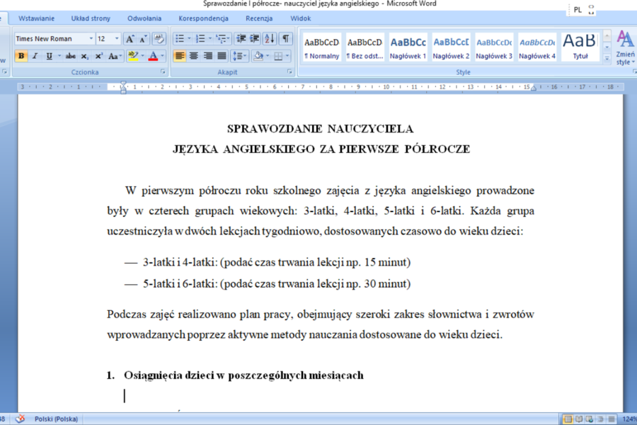 Sprawozdanie nauczyciela języka angielskiego za I półrocze pracy w przedszkolu
