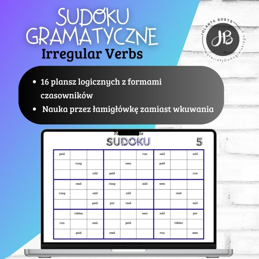 Sudoku gramatyczne – Czasowniki nieregularne | Irregular Verbs Sudoku Pack