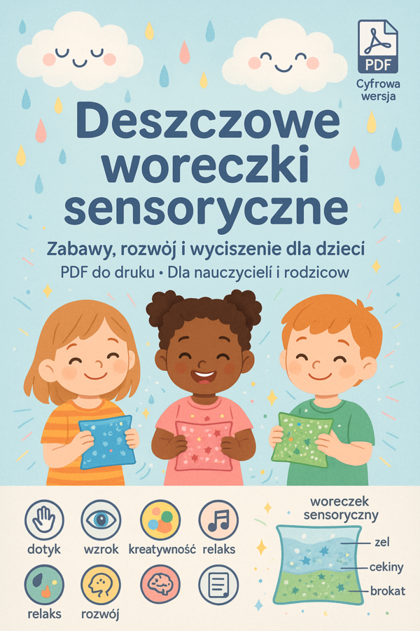 Zabawy sensoryczne: deszczowe woreczki sensoryczne (woda, żel, krople).