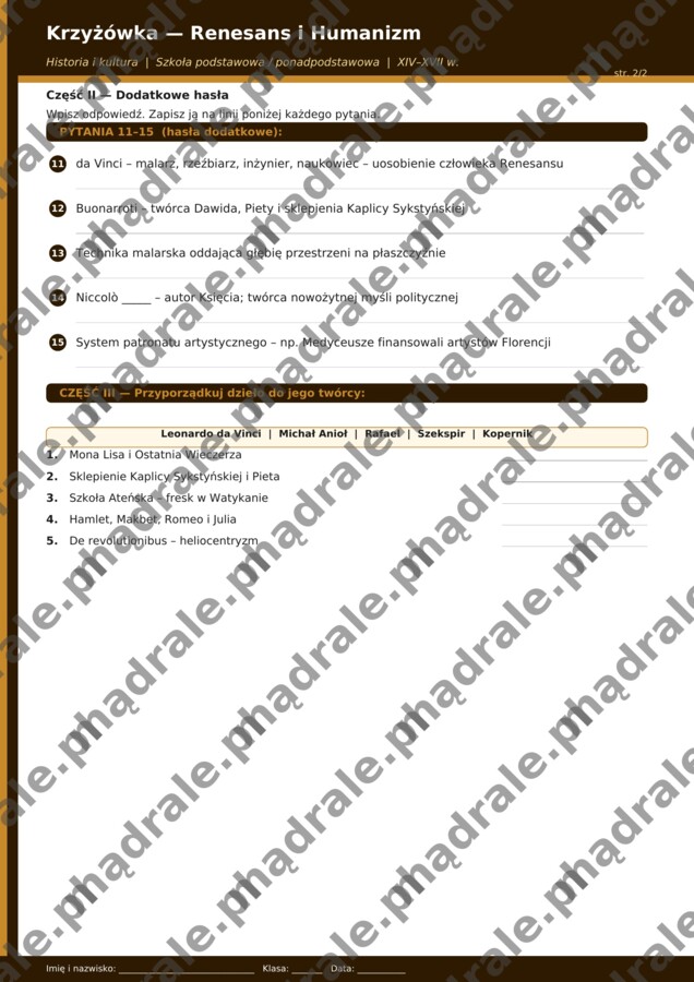 KRZYŻÓWKA "RENESANS I HUMANIZM" KARTA PRACY + KLUCZ ODPOWIEDZI