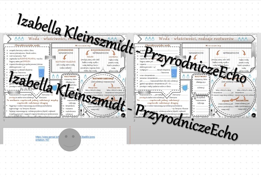 Minizestaw na temat „Woda – właściwości, rodzaje roztworów” – sketchnotka + karta pracy w power point + gratisowy link do prezentacji multimedialnej niekomercyjnej wykonanej w genial.ly do indywidualnego pobrania i użycia do celów niekomercyjnych. Chemia