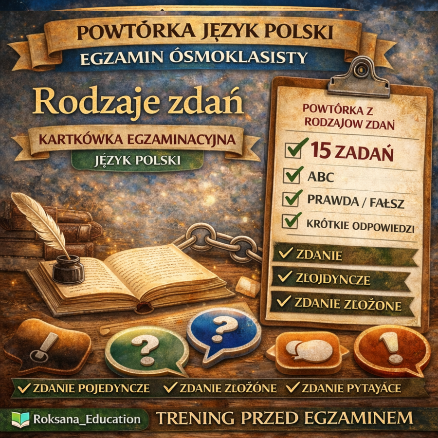 ✏️ Rodzaje zdań – kartkówka egzaminacyjna | powtórka przed egzaminem ósmoklasisty (15 zadań)