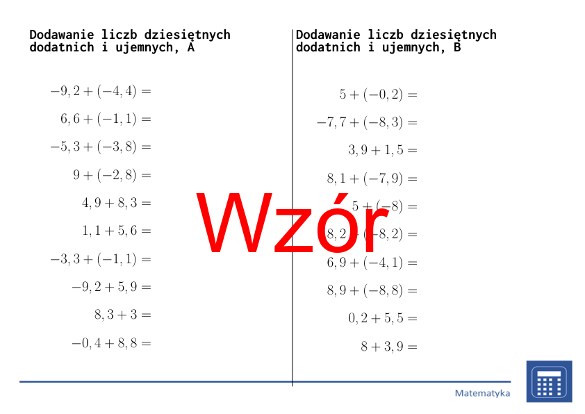 Dodawanie liczb dziesiętnych dodatnich i ujemnych | matematyka | 26 kolumn