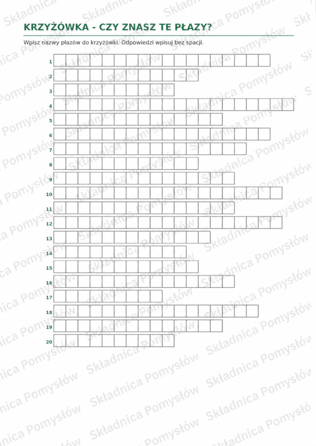 PŁAZY W POLSCE I NA ŚWIECIE - krzyżówka - karta pracy (biologia, klasa 6)