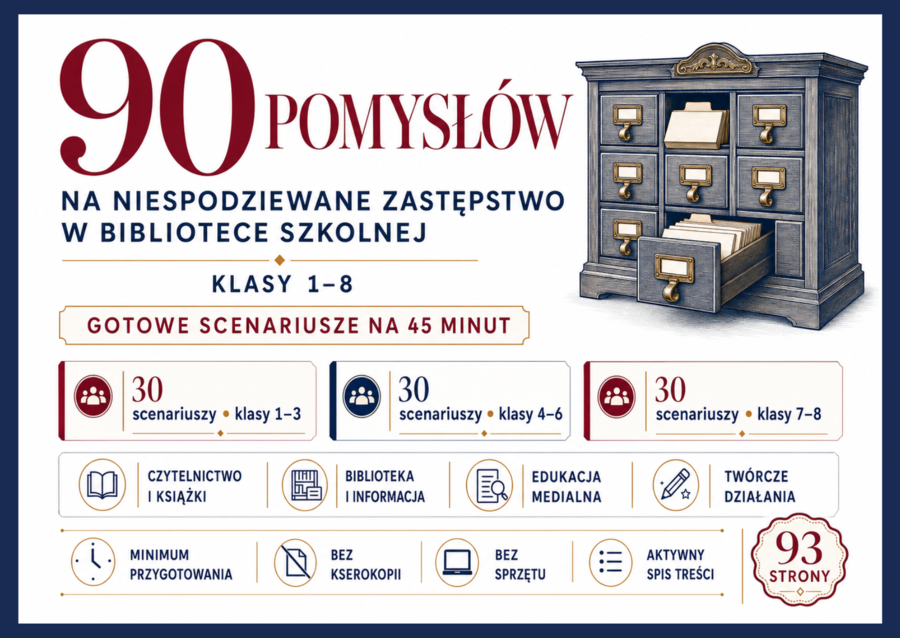 🌹90 POMYSŁÓW NA NIESPODZIEWANE ZASTĘPSTWO W BIBLIOTECE - Gotowe scenariusze dla klas 1–8