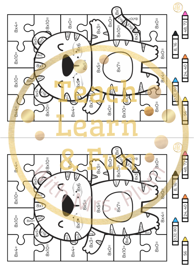 🐯 Kolorowa matematyka – kolorowanka według kodu: Mnożenie ×8 z rozbrykanym tygryskiem