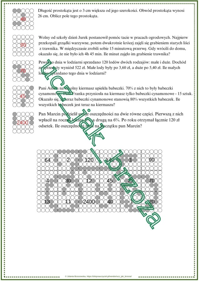 Równania, rozwiązywanie zadań z treścią, kodowana karta pracy, praca indywidualna, klasa 7 i 8