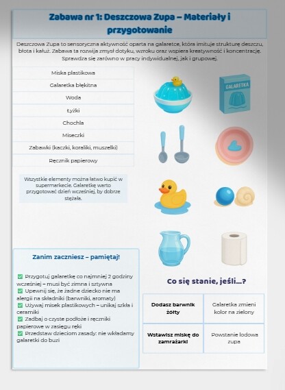 Zabawy sensoryczne: błękitna galaretka jako „deszczowa zupa”, ryż jako „deszcz”