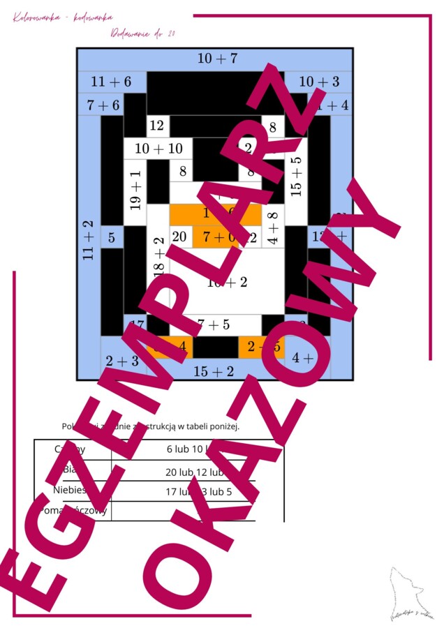 Kolorowanka kodowanka dodawanie do 20 - pingwinek